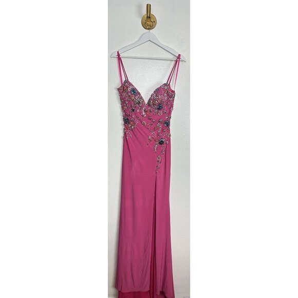 MAC DUGGAL Beaded Floral Detail Side Slit Gown in Candy Pink Size US 0 - Picture 3 of 9